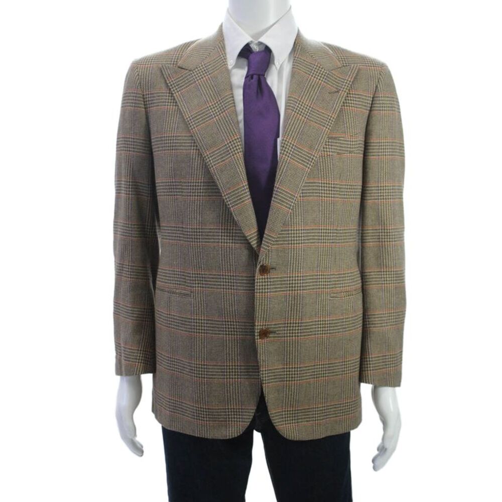 Designer Mens Brown Wool Plaid Blazer Button Size 38